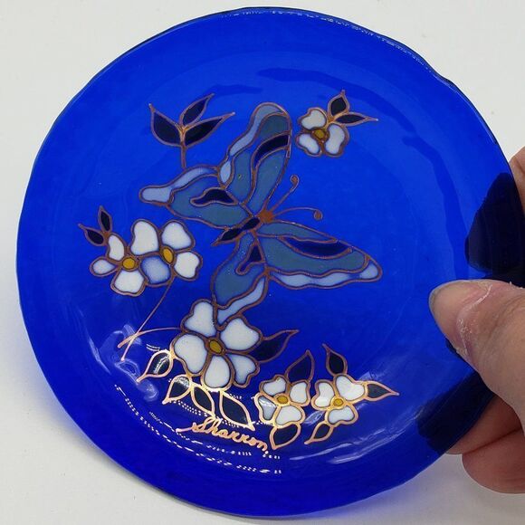 Signed Blue Cobalt Enameled Hand Painted Butterfly Floral Art Glass Trinket Dish - Picture 3 of 9